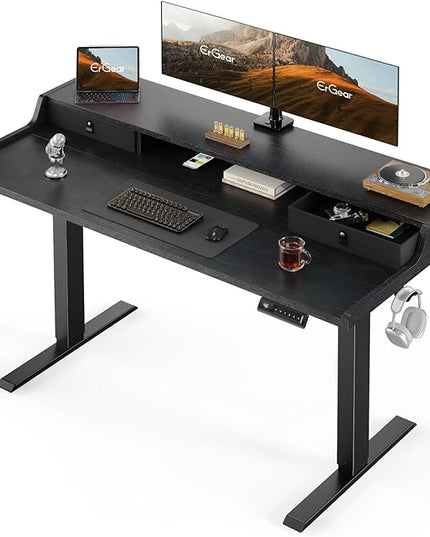 ErGear Electric Standing Desk with Drawers, 55″ x 28″ Gaming Desk with Monitor Stand, C-Clamp Mount Compatible, Home Office Height-Adjustable Desk with Storage Shelf, 4 Preset Heights, Black, EGESD37B - LeafyLoom