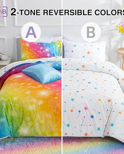 A Nice Night 6Pcs Gradient Glitter Bedding Set for Girls, Colorful Rainbow Galaxy Comforter Set, Ultra Soft Bedding Sets (Multi,Queen 6Pcs) - LeafyLoom