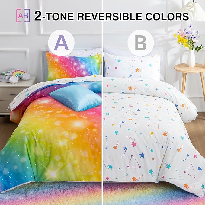 A Nice Night 6Pcs Gradient Glitter Bedding Set for Girls, Colorful Rainbow Galaxy Comforter Set, Ultra Soft Bedding Sets (Multi,Full 6Pcs) - LeafyLoom