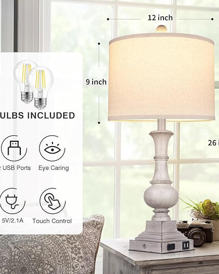 26" Farmhouse Table Lamps Set of 2, Rustic Touch Control Bedside Lamps with 2 USB Ports & AC Outlet, Vintage Resin 3-Way Dimmable Nightstand Lamp Linen Fabric Shade for Living Room Bedroom Decor Gray - LeafyLoom