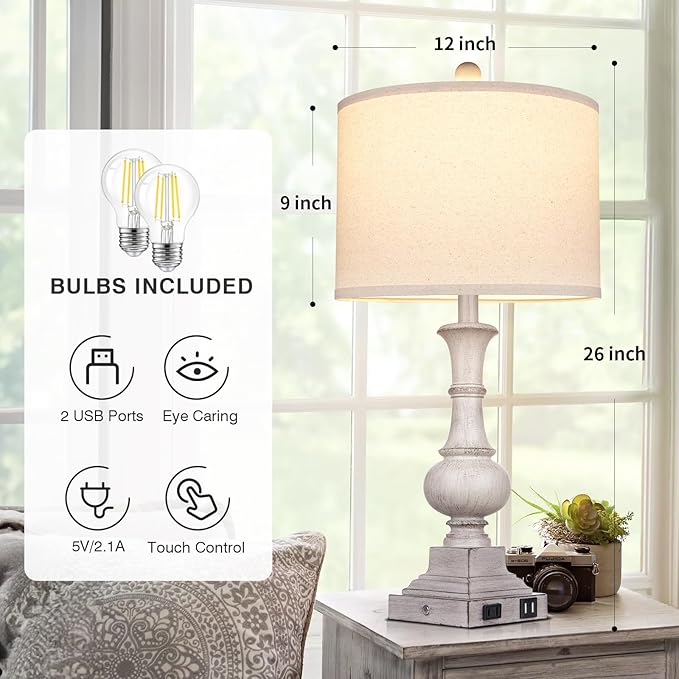 26" Farmhouse Table Lamps Set of 2, Rustic Touch Control Bedside Lamps with 2 USB Ports & AC Outlet, Vintage Resin 3-Way Dimmable Nightstand Lamp Linen Fabric Shade for Living Room Bedroom Decor Gray - LeafyLoom