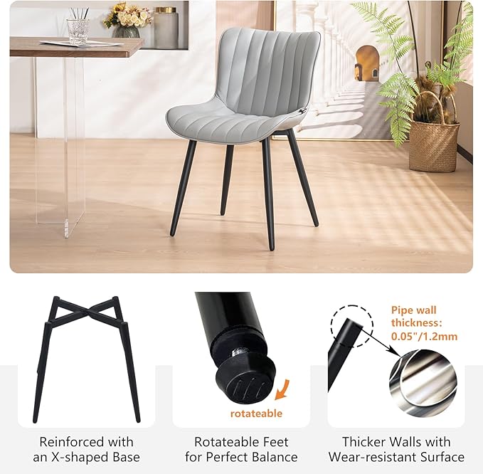 YOUNUOKE Grey Dining Chairs Set of 2 Upholstered Mid Century Modern Kitchen Chairs Armless Faux Leather Accent Guest Chair with Back Metal Legs for Guest Reception Waiting Living Room - LeafyLoom