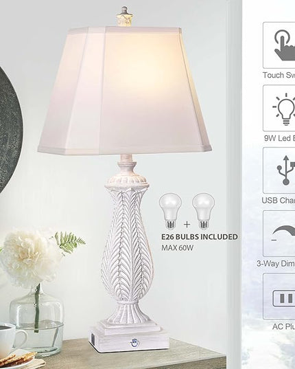 3-Way Dimmable Table Lamps for Bedrooms Set of 2, 30" H Touch Lamps for Living Room with 2 USB Ports and AC Outlet, White Mermaid Bedside Lamp for Nightstand, Resin Farmhouse Rustic Lamp with 2 Bulb - LeafyLoom