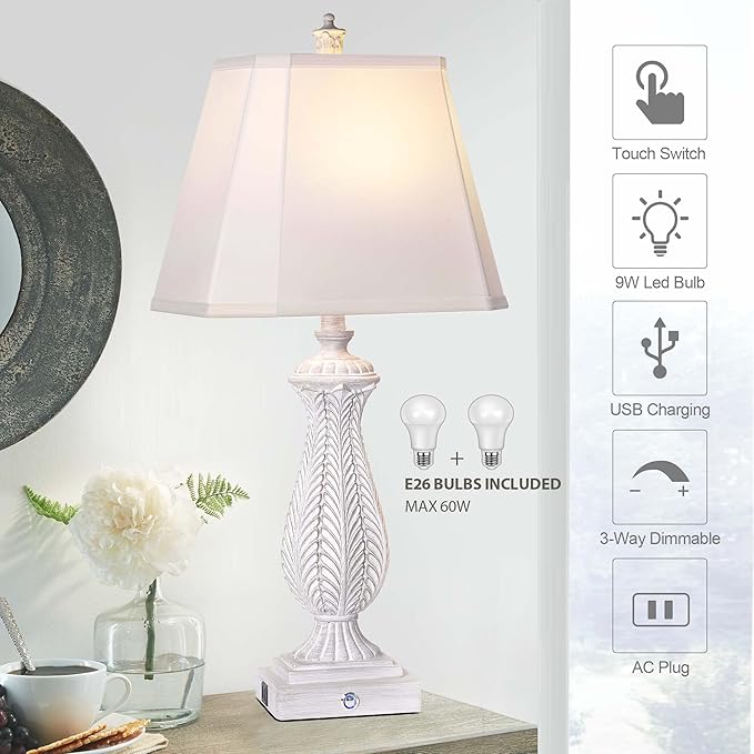 3-Way Dimmable Table Lamps for Bedrooms Set of 2, 30" H Touch Lamps for Living Room with 2 USB Ports and AC Outlet, White Mermaid Bedside Lamp for Nightstand, Resin Farmhouse Rustic Lamp with 2 Bulb - LeafyLoom