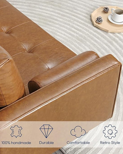 Vonanda 56" Loveseat Small Couch, Mid-Century 2 Seater Sofa Faux Leather Couch with Hand-Stitched Comfort Cushion and Bolster Pillows for Living Room, Loveseat Cognac Tan - LeafyLoom