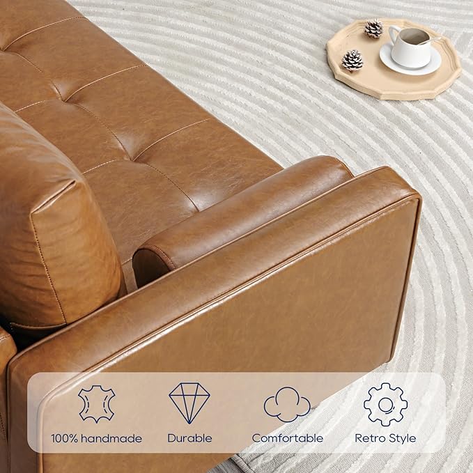 Vonanda 56" Loveseat Small Couch, Mid-Century 2 Seater Sofa Faux Leather Couch with Hand-Stitched Comfort Cushion and Bolster Pillows for Living Room, Loveseat Cognac Tan - LeafyLoom