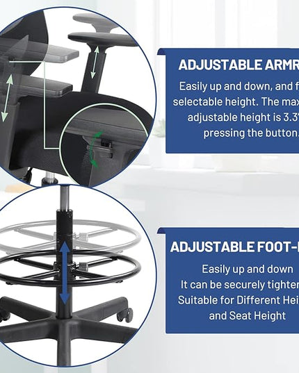 Tall Office Chair, Drafting Chair, High Adjustable Standing Desk Chair, Ergonomic Mesh Computer Task Table Chairs with Adjustable Armrests and Foot-Ring for Standing Desk and Bar Height Desk - LeafyLoom