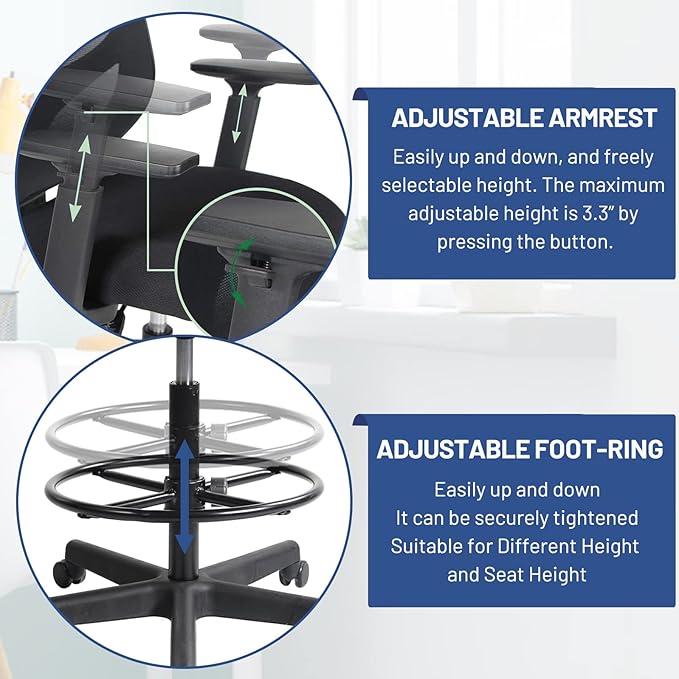 Tall Office Chair, Drafting Chair, High Adjustable Standing Desk Chair, Ergonomic Mesh Computer Task Table Chairs with Adjustable Armrests and Foot-Ring for Standing Desk and Bar Height Desk - LeafyLoom