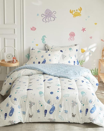 Joyreap 3pcs Premium Cotton Comforter Set for Kids Boys n Girls, Vibrant Ocean Theme Starfish Whale Crab Printed, Skin-friendly Breathable Bedding Comforter for All Season (Full/Queen, 88x88 inches) - LeafyLoom