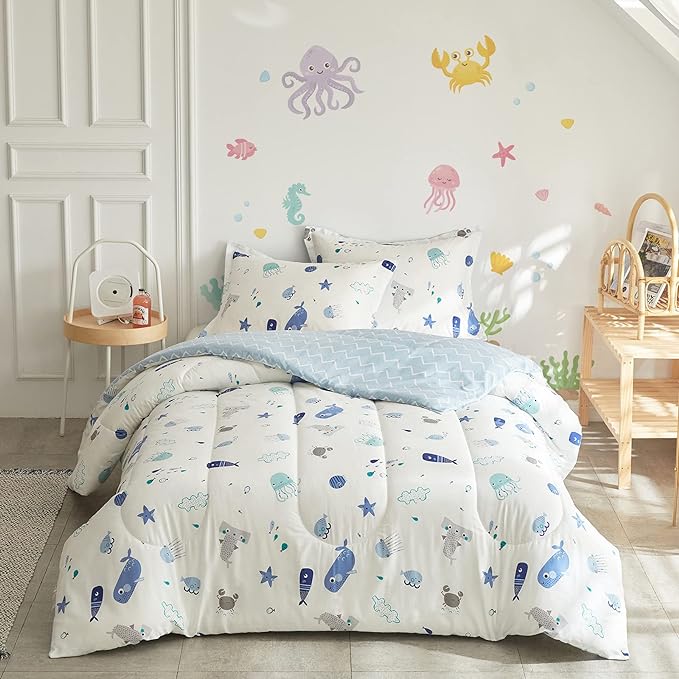Joyreap 3pcs Premium Cotton Comforter Set for Kids Boys n Girls, Vibrant Ocean Theme Starfish Whale Crab Printed, Skin-friendly Breathable Bedding Comforter for All Season (Full/Queen, 88x88 inches) - LeafyLoom