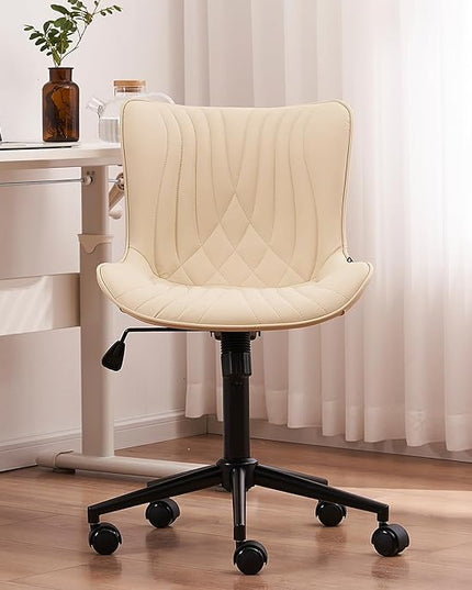 YOUTASTE Office Chair Armless Desk Chair Small Computer Swivel Rolling Chair with Wheels, Modern Upholstered PU Leather Computer Sewing Chair, Adjustable Home Office Desk Chairs, Beige - LeafyLoom