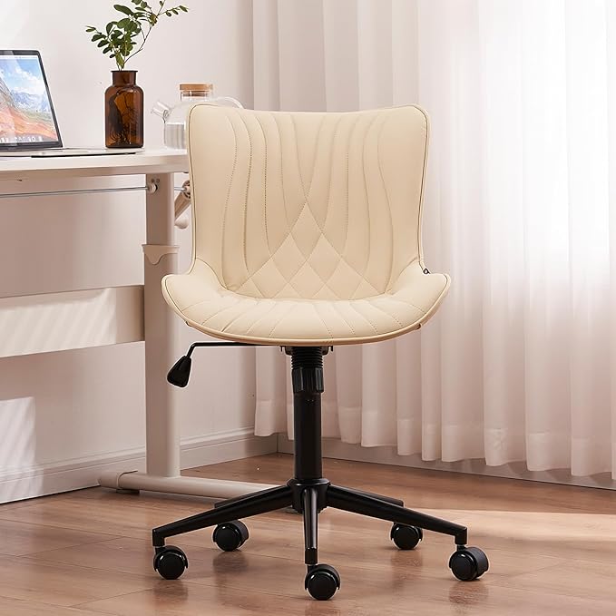 YOUTASTE Office Chair Armless Desk Chair Small Computer Swivel Rolling Chair with Wheels, Modern Upholstered PU Leather Computer Sewing Chair, Adjustable Home Office Desk Chairs, Beige - LeafyLoom