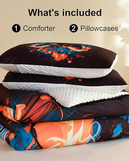 Video Game Twin Size Comforter Set for Boys Kids Teens Gamepad Gaming Controller and Fire Pattern Bedding Set- 3 Piece Quilt with 2 Pillowcases (68"x90") - LeafyLoom