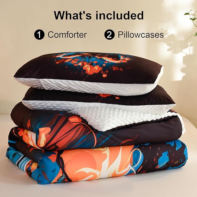 Video Game Twin Size Comforter Set for Boys Kids Teens Gamepad Gaming Controller and Fire Pattern Bedding Set- 3 Piece Quilt with 2 Pillowcases (68"x90") - LeafyLoom