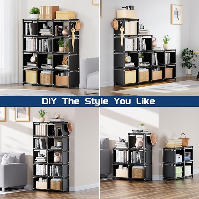 Mavivegue Book Shelf, 12 Cube Storage Organizer, DIY Bookcase, Metal Bookshelf,Tall Book case for Bedroom, Living Room,Office,Closet , Black Cubicle Rack - LeafyLoom