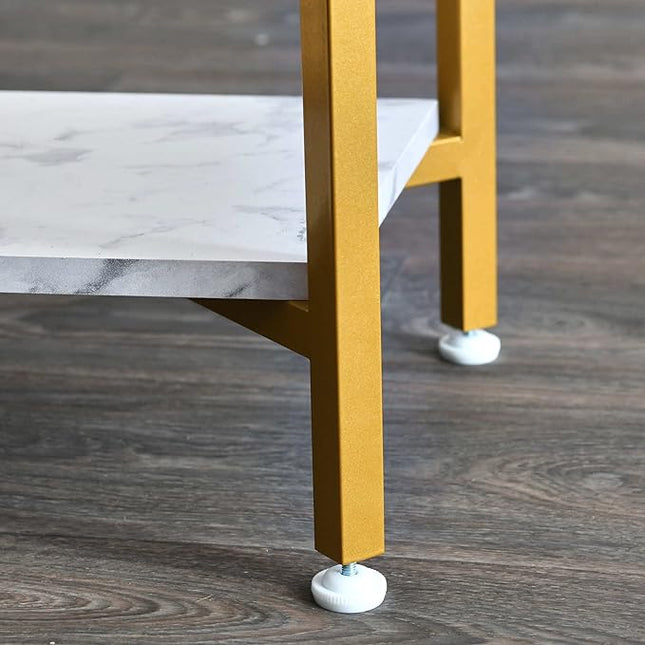 Household Essentials Crown Square Side End Table with Storage Shelf White Marble and Gold Metal - LeafyLoom