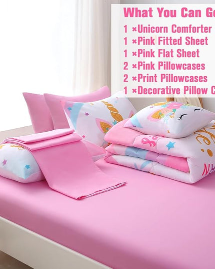 JQinHome Unicorn Full Bedding Sets for Girls Kids,8 Piece Bed in A Bag 3D Colorful Flower Girl Unicorn Comforter Set with Sheet Set(Sparkle) - LeafyLoom