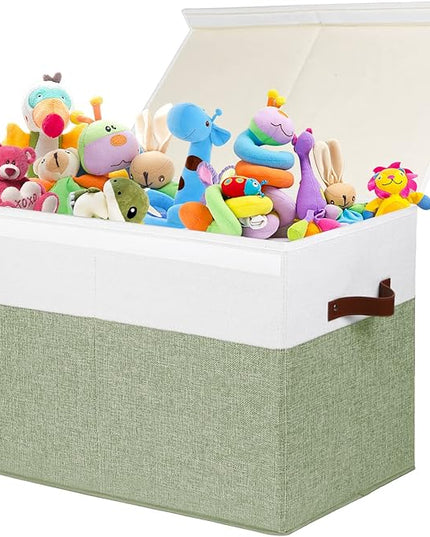 Large Toy Storage Box with Lid, Sturdy Toys Storage Chest Bin Organizer Basket with Dividers for Kids, Boys, Girls, Nursery, Closet, Bedroom, Playroom 25"x13" x16" (Green and White) - LeafyLoom