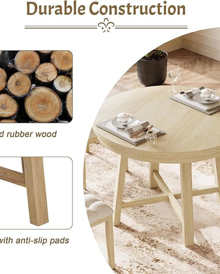 Rustic 42inch Round Dining Table Set for 4 with Cross Legs and Upholstered Chairs for Small Places, Natural - LeafyLoom