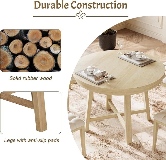 Rustic 42inch Round Dining Table Set for 4 with Cross Legs and Upholstered Chairs for Small Places, Natural - LeafyLoom