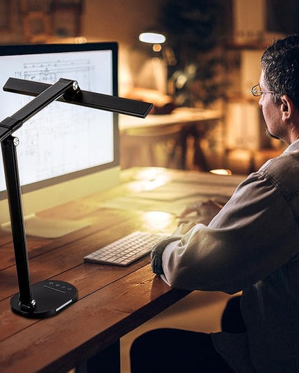 LED Desk Lamp Touch Desk Lamps with 5 Levels Brightness, Dimmable Office Reading Lamp with Adjustable Arm Foldable Table Desk Lamp for Bedroom Bedside Office Study, 3000-6500K(Black) - LeafyLoom