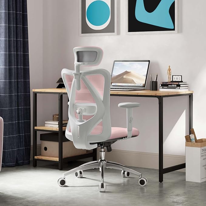 SIHOO M18 Ergonomic Office Chair, Computer Desk Chair with Adjustable Headrest and Lumbar Support, High Back Executive Swivel Chair for Home Office (Light Pink) - LeafyLoom
