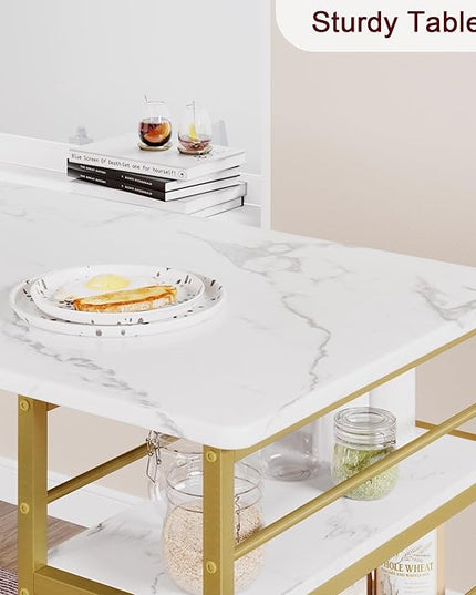 Dining Table Set for 2, Kitchen Table and Velvet Upholstered Chairs for 2, 3 Piece Counter Height Bar Table Set with 3 Large Storage Shelves for Small Space, Apartment, Gray and Gold White - LeafyLoom