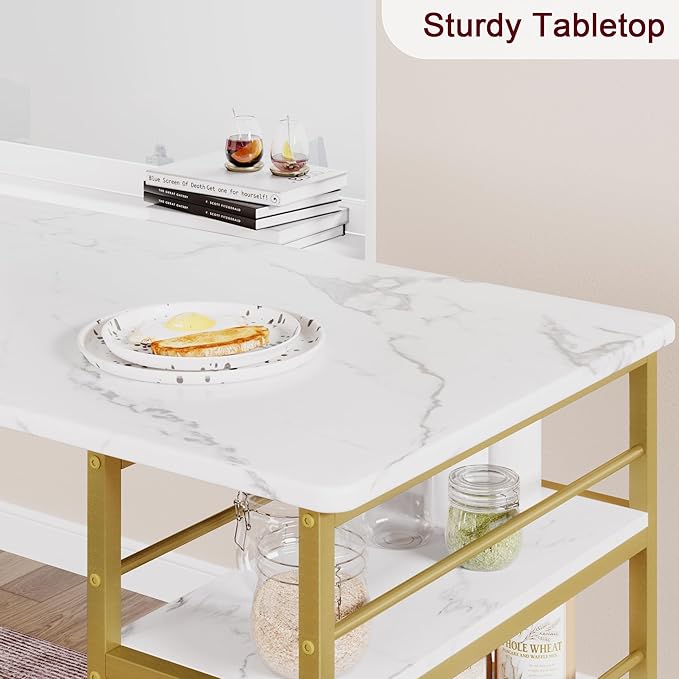 Dining Table Set for 2, Kitchen Table and Velvet Upholstered Chairs for 2, 3 Piece Counter Height Bar Table Set with 3 Large Storage Shelves for Small Space, Apartment, Gray and Gold White - LeafyLoom