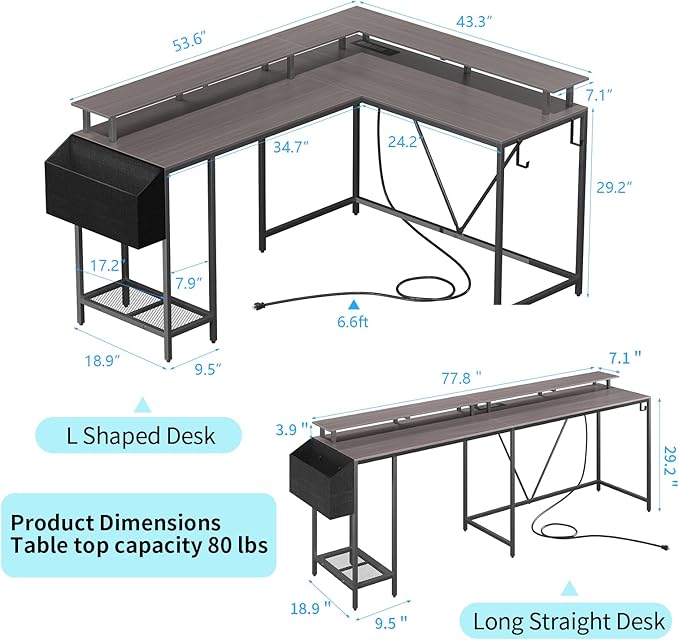 L Shaped Gaming Desk with Power Outlets & LED Lights, Computer Desk with Monitor Stand & Storage Shelf, Home Office Desk Corner Desk with Hooks, Easy to Assemble, Grey Oak - LeafyLoom
