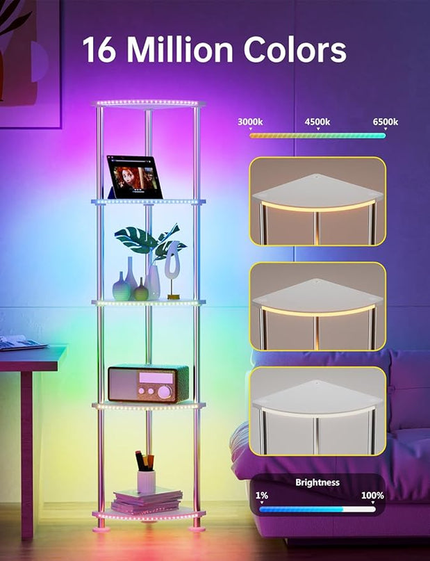 Floor Lamp, Corner Standing Lamp with Shelves, Dimmable Light, Music Sync, Timing, Wireless Charger, and USB Port (Black, 5 Tiers) - LeafyLoom