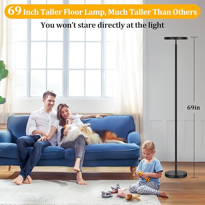 Floor Lamp, 2400LM Bright Floor Lamp for Living Room, LED Modern Torchiere Floor Lamp with 2700K-6000K Stepless Dimming, 69" Tall Standing Lamp with Remote & Foot Switch for Bedroom Office - LeafyLoom