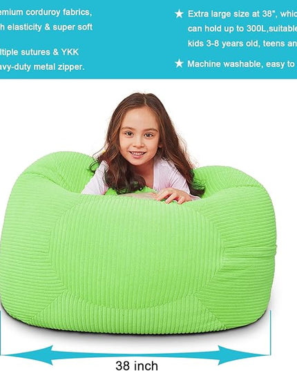 Stuffed Animal Storage Bean Bag Chair Cover for Kids, 38" Beanbag Chairs Cover Plush Toys Organizer Super Soft Corduroy with Handle and Zipper for Boys and Girls - Green - LeafyLoom