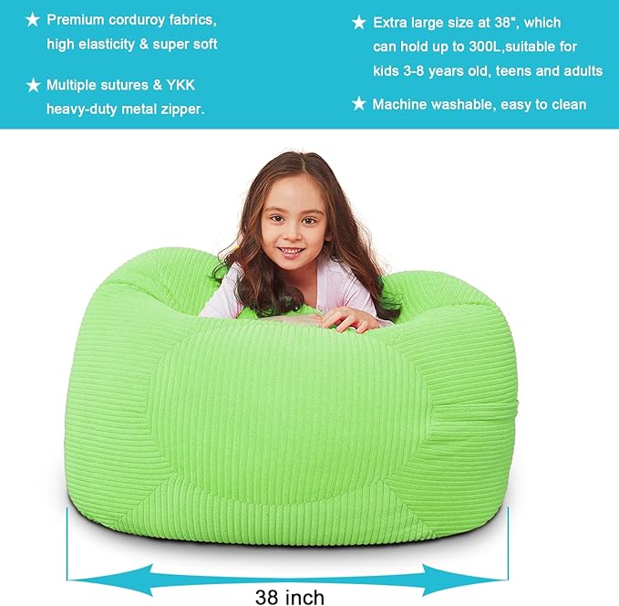 Stuffed Animal Storage Bean Bag Chair Cover for Kids, 38" Beanbag Chairs Cover Plush Toys Organizer Super Soft Corduroy with Handle and Zipper for Boys and Girls - Green - LeafyLoom