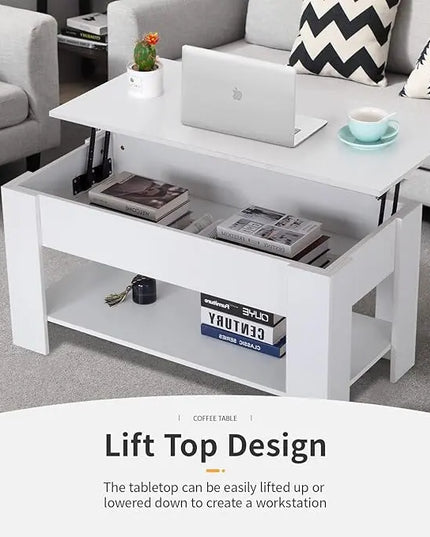 FDW Lift Top Coffee Table with Hidden Compartment and Storage Shelf Wooden Lift Tabletop for Home Living Room Reception Room Office (White) - LeafyLoom