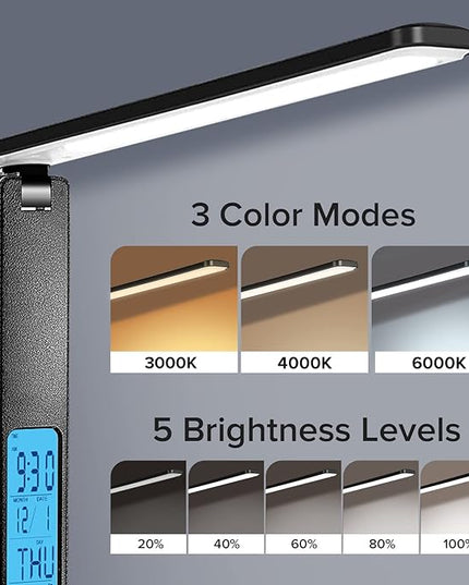 LAOPAO LED Desk Lamp with Wireless Charger, USB Charging Port, Adjustable & Foldable with Clock, Alarm, Date, Temperature, 5-Level Dimmable Lighting, for Office with Adapter - LeafyLoom