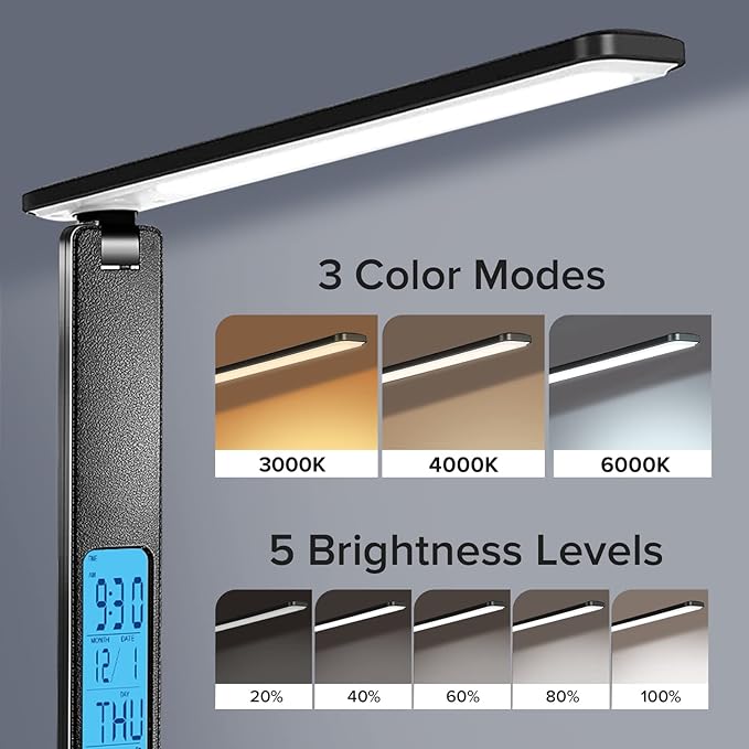 LAOPAO LED Desk Lamp with Wireless Charger, USB Charging Port, Adjustable & Foldable with Clock, Alarm, Date, Temperature, 5-Level Dimmable Lighting, for Office with Adapter - LeafyLoom
