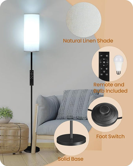 Dimmable Floor Lamp for Living Room, Corner Floor Lamp with Remote, 66'' Standing Tall Lamp, Linen Lampshade, 10W 800LM LED Bulb for Bedroom Study, FCC Listed Black and Pure White CW06LD05 - LeafyLoom