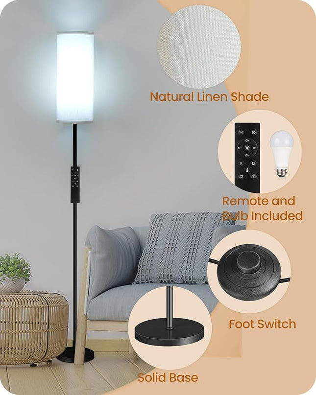 Dimmable Floor Lamp for Living Room, Corner Floor Lamp with Remote, 66'' Standing Tall Lamp, Linen Lampshade, 10W 800LM LED Bulb for Bedroom Study, FCC Listed Black and Pure White CW06LD05 - LeafyLoom