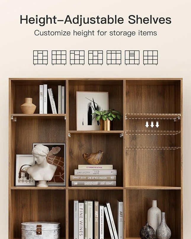 Pipishell 9-Cube Bookshelf, Bookcase with 3 Height-Adjustable Shelves and Solid Legs, Cube Storage Shelf, Modern Freestanding Open Bookshelf for Living Room, Bedroom (Walnut) - LeafyLoom
