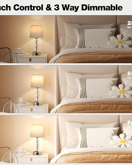 Acaxin Bedside Lamps for Bedrooms Set of 2 Nightstand- Crystal Table Lamps with USB C+A Ports & AC Outlet for Charging, 3 Way Dimmable Touch Silver Small Bed Side Lamp for Living Room/Guest Room - LeafyLoom