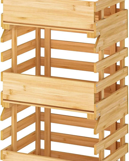 G.a HOMEFAVOR Bamboo Fruit Basket Stand, Potato and Onion Storage Cart, 3-Tier Fruit Basket with Wheels, Vegetable Storage for Kitchen Floor (Self-assembly) - LeafyLoom