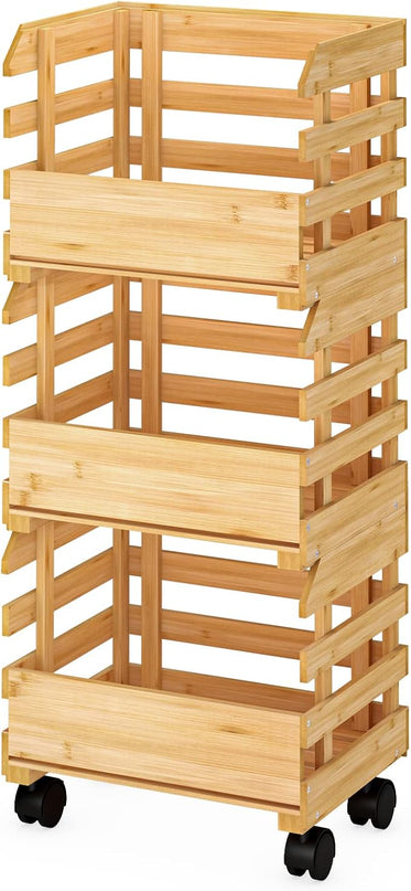 G.a HOMEFAVOR Bamboo Fruit Basket Stand, Potato and Onion Storage Cart, 3-Tier Fruit Basket with Wheels, Vegetable Storage for Kitchen Floor (Self-assembly) - LeafyLoom
