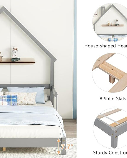 Bellemave Full Size Bed Frame for Kids,Low Platform Bed with House-Shaped Headboard and Handrails,Full Bed for Girls,No Box Spring Needed(Grey) - LeafyLoom