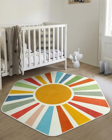 Rainbow Machine Washable Rug for Playroom Kids Room, 4'x 4'7" Boho Sun Kids Rug for Girls Boys, Non-Slip Sunshine Carpet Small Play Rug for Classroom Reading Corner Dorm - LeafyLoom