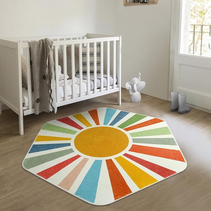 Rainbow Machine Washable Rug for Playroom Kids Room, 4'x 4'7" Boho Sun Kids Rug for Girls Boys, Non-Slip Sunshine Carpet Small Play Rug for Classroom Reading Corner Dorm - LeafyLoom