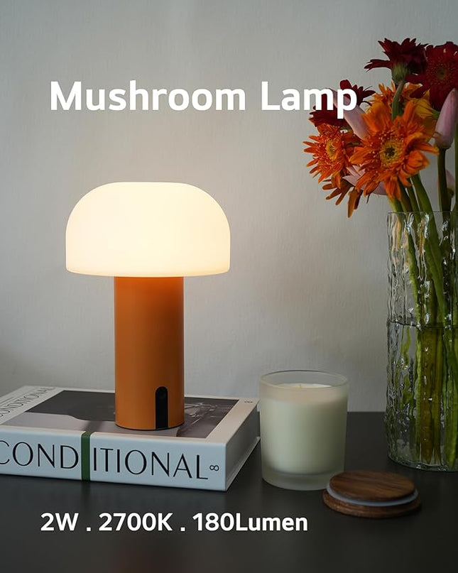 Outdoor Mushroom Table Lamp Rechargeable, Cordless Lamps for Patio Waterproof, Portable Battery Operated Lamp with USB Charging, Touch Dimming Night Light for Home/Porch/Restaurant (Orange) - LeafyLoom