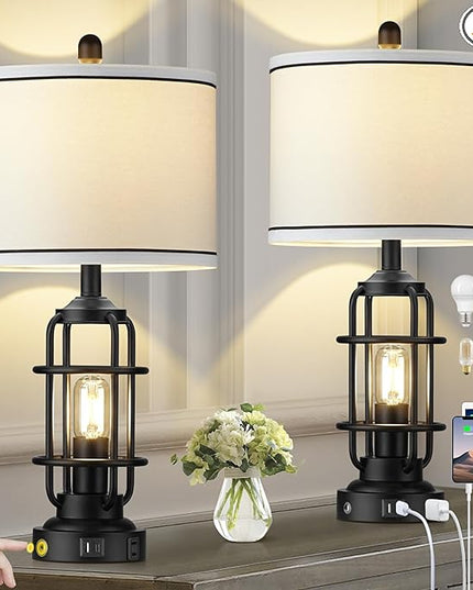 Modern Table Lamps Set of 2, Industrial 3-Way Dimmable Bedside Lamp with USB A+C Ports & AC Outlet, 25" Touch Control Nightstand Lamp LED Night Light for Living Room Bedroom Home(4 Bulbs Included) - LeafyLoom