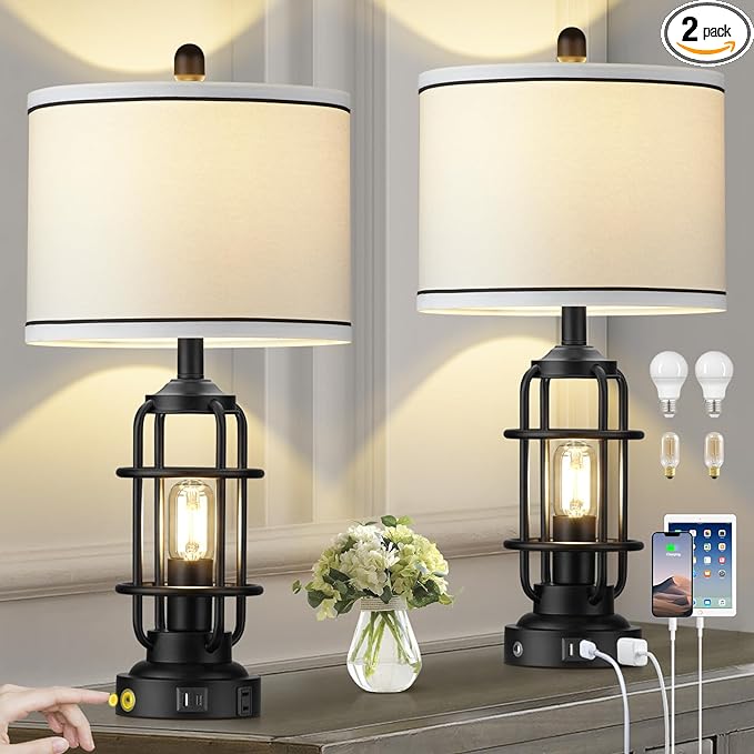 Modern Table Lamps Set of 2, Industrial 3-Way Dimmable Bedside Lamp with USB A+C Ports & AC Outlet, 25" Touch Control Nightstand Lamp LED Night Light for Living Room Bedroom Home(4 Bulbs Included) - LeafyLoom