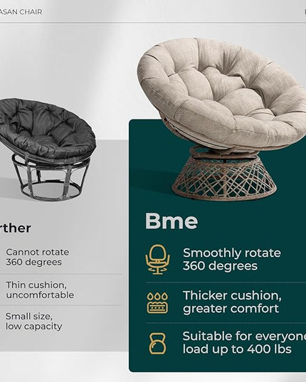 Bme 40" Ergonomic Wicker Papasan Chair with Soft Thick Density Fabric Cushion, High Capacity Steel Frame, 360 Degree Swivel for Living, Bedroom, Reading Room, Lounge, Silver Cloud - Brown Base - LeafyLoom