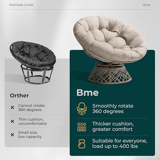 Bme 40" Ergonomic Wicker Papasan Chair with Soft Thick Density Fabric Cushion, High Capacity Steel Frame, 360 Degree Swivel for Living, Bedroom, Reading Room, Lounge, Silver Cloud - Brown Base - LeafyLoom